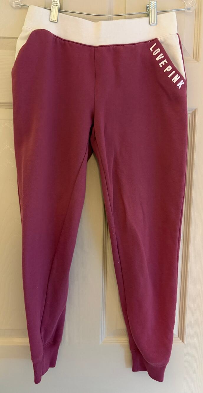 Victoria's Secret PINK Colorblock Joggers Burgundy White Size XS Logo Sweatpants